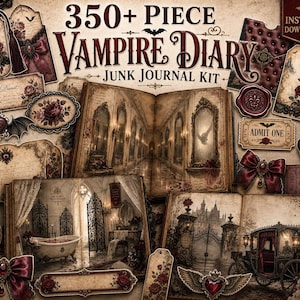 May include: A 350+ piece Vampire Diary junk journal kit featuring vintage-style paper ephemera, including tags, labels, and book pages with gothic imagery like roses, ornate mirrors, a claw-foot bathtub, and a horse-drawn carriage.