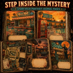 May include: A collection of journal pages titled STEP INSIDE THE MYSTERY, featuring vintage-style illustrations of a motel, a pool, a refreshment stand, and a vending machine, with various retro signs, maps, and blank note areas for writing.