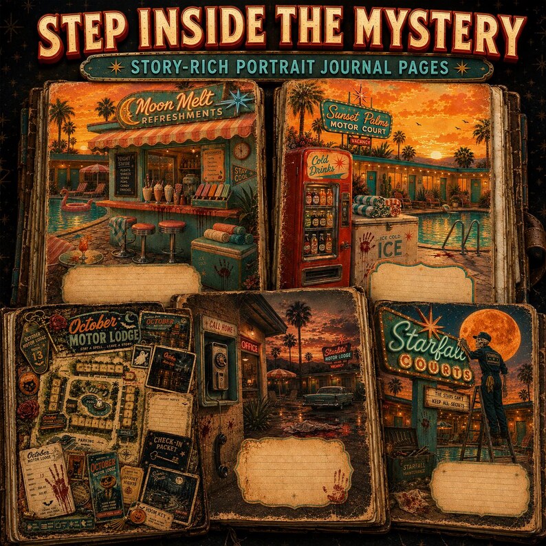 May include: A collection of journal pages titled STEP INSIDE THE MYSTERY, featuring vintage-style illustrations of a motel, a pool, a refreshment stand, and a vending machine, with various retro signs, maps, and blank note areas for writing.