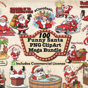 Könnte beinhalten: Eine Sammlung von 100 lustigen Santa Claus PNG-Cliparts. Die Bilder zeigen den Weihnachtsmann in verschiedenen humorvollen Situationen, wie z. B. am Strand entspannen, Selfies machen und Gitarre spielen. Der Text enthält "Merry Mixmas" und "Includes Commercial License."