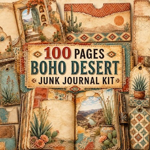 Peut inclure: Un ensemble d'éphémères en papier de style vintage, comprenant un journal, des étiquettes et des pochettes, sur le thème du désert boho. Les articles présentent des illustrations de cactus, de paysages et le texte "100 PAGES BOHO DESERT JUNK JOURNAL KIT". La palette de couleurs comprend des bruns chauds, des oranges et des bleus.