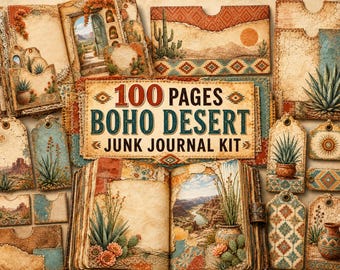 Boho Junk Journal Kit, 100+ Printable Pages, Vintage Cactus Ephemera, Desert Southwest Journal, Pockets Tags Envelopes, Digital Download JPG