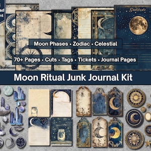 Puede incluir: Un kit de diario digital descargable con temática celestial. El kit incluye páginas de diario, etiquetas y tickets con diseños de luna y estrellas. La paleta de colores presenta azules, dorados y cremas. El texto incluye "Fases Lunares", "Zodíaco" y "70+ Páginas."