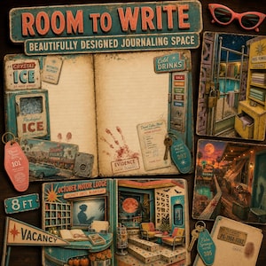 May include: A collection of vintage-themed stationery featuring a journal with a motel motif, including a Room to Write sign, a Desert Palms Motel key tag, a Vacancy flag, and various retro-style ephemera like ice machine and pool towel signs.