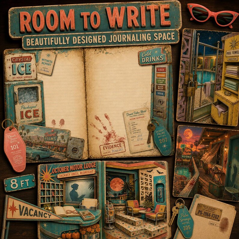 May include: A collection of vintage-themed stationery featuring a journal with a motel motif, including a Room to Write sign, a Desert Palms Motel key tag, a Vacancy flag, and various retro-style ephemera like ice machine and pool towel signs.