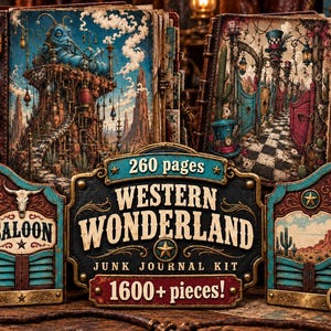Puede incluir: Un kit de diario basura Western Wonderland que incluye dos libros ilustrados en tonos azul, rojo y marrón. El letrero central muestra el texto 260 pages, Western Wonderland, Junk Journal Kit y 1600+ pieces. El diseño incluye puertas de salón, un cráneo de toro, cactus y paisajes desérticos.