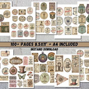 A selection of printable paper ephemera with an Alice in Wonderland theme. The designs include stamps, washi tape, tags, tabs, and folio designs. The illustrations feature clocks, mushrooms, teacups, and quotes. The image text reads "Stamps, Washi, Tags, Tabs & Folio" and "Instant Download 300DPI".