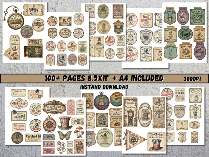 A selection of printable paper ephemera with an Alice in Wonderland theme. The designs include stamps, washi tape, tags, tabs, and folio designs. The illustrations feature clocks, mushrooms, teacups, and quotes. The image text reads "Stamps, Washi, Tags, Tabs & Folio" and "Instant Download 300DPI".