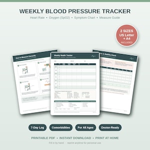 May include: A weekly blood pressure tracker printable PDF set featuring three pages with a how-to guide, a health tracking log, and a stability check chart. The documents include sections for heart rate, oxygen, and symptoms in US Letter size.