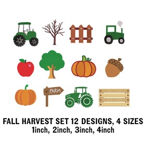 Op de afbeelding: Een verzameling geborduurde herfstthema-ontwerpen, waaronder tractoren, pompoenen, bomen en een eikel. De ontwerpen zijn in verschillende maten, de grootste is 10 cm. De tekst "FALL HARVEST SET 12 DESIGNS, 4 SIZES 1inch, 2inch, 3inch, 4inch" staat onderaan.