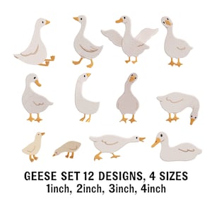 May include: A collection of twelve goose designs in various poses, with sizes ranging from 1 to 4 inches. The geese are white with yellow beaks and feet. The text "GEESE SET 12 DESIGNS, 4 SIZES 1inch, 2inch, 3inch, 4inch" is at the bottom.