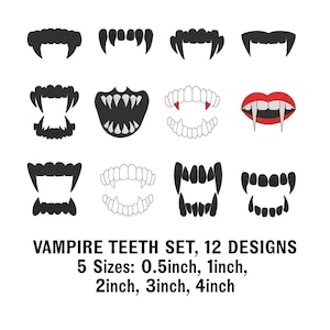 May include: A collection of twelve vampire teeth designs in various styles, including sharp fangs and full sets, in black and white. The image includes text indicating five size options: 0.5, 1, 2, 3, and 4 inches.
