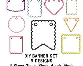 Oval In-the-Hoop Appliqué Tag Flag Set, Party Banner Appliqué Tag Embroidery Design, Set of 9 Christmas Holiday Ornament Files for Gift PES+