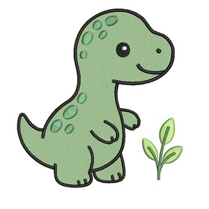 Könnte beinhalten: Ein grüner Cartoon-Dinosaurier mit freundlichem Gesichtsausdruck und einem kleinen Zweig Blätter. Das Bild enthält den Text "8 GRÖSSEN" und die Dateitypen DST, EXP, CND, JEF, HUS, PES und VP3. Das Logo von Apricorn Embroidery befindet sich oben links.