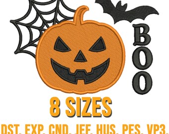 Boo Pumpkin Embroidery Design, Halloween Machine Embroidery Pattern, Spooky Bat and Spider Web Jack-O-Lantern, Instant Download