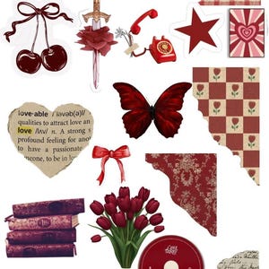 May include: A collage of maroon-colored stickers and illustrations. Includes a butterfly, cherries, a bow, a flower, a stamp with wine glasses, a telephone, a star, a heart, a stack of books, tulips, a CD, a vinyl record, and text that says "love-able" and "TV GIRL".