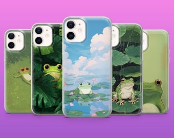 Kawaii Frog Phone Case Cute Pastel Animal Cover for iPhone 17Pro, 16, 15, 14, 13, 12, Samsung S25, S24, S23Fe, S22, A16, A26, Pixel 10, 9Pro