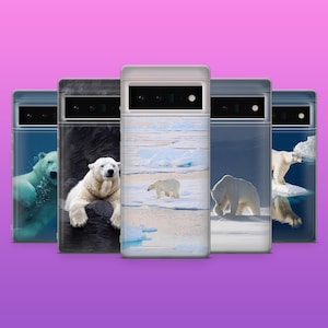 May include: Five phone cases with polar bear designs. The cases feature images of polar bears in their natural habitat, including swimming in water, resting on rocks, and walking on ice. The cases are displayed against a purple background.