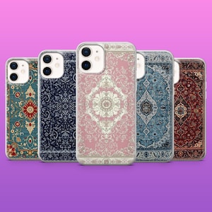 May include: Five phone cases with ornate rug patterns in various colours. The cases display teal, navy, pink, blue, and burgundy hues, with detailed floral and geometric designs. Each case has a clear border.