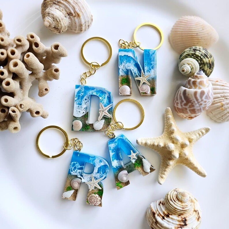 Sand Keychain Custom Ocean Resin Keychain: Personalized Seashell Letter Charm - Etsy