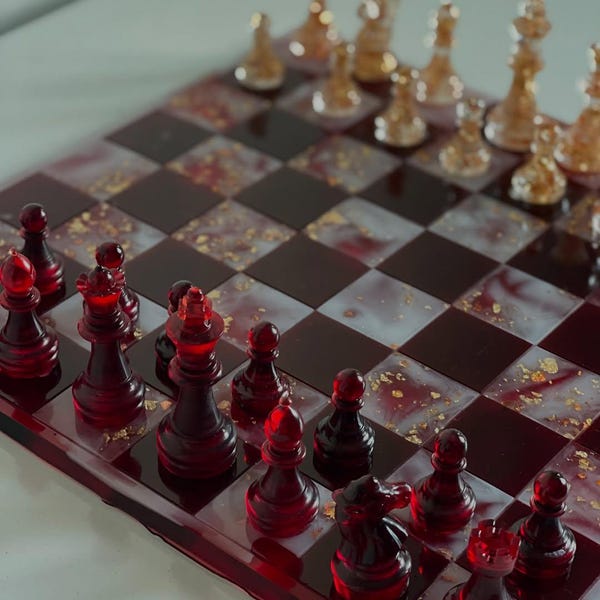 Handmade Red & Gold Resin Chess Set | Luxury Game | unique piece