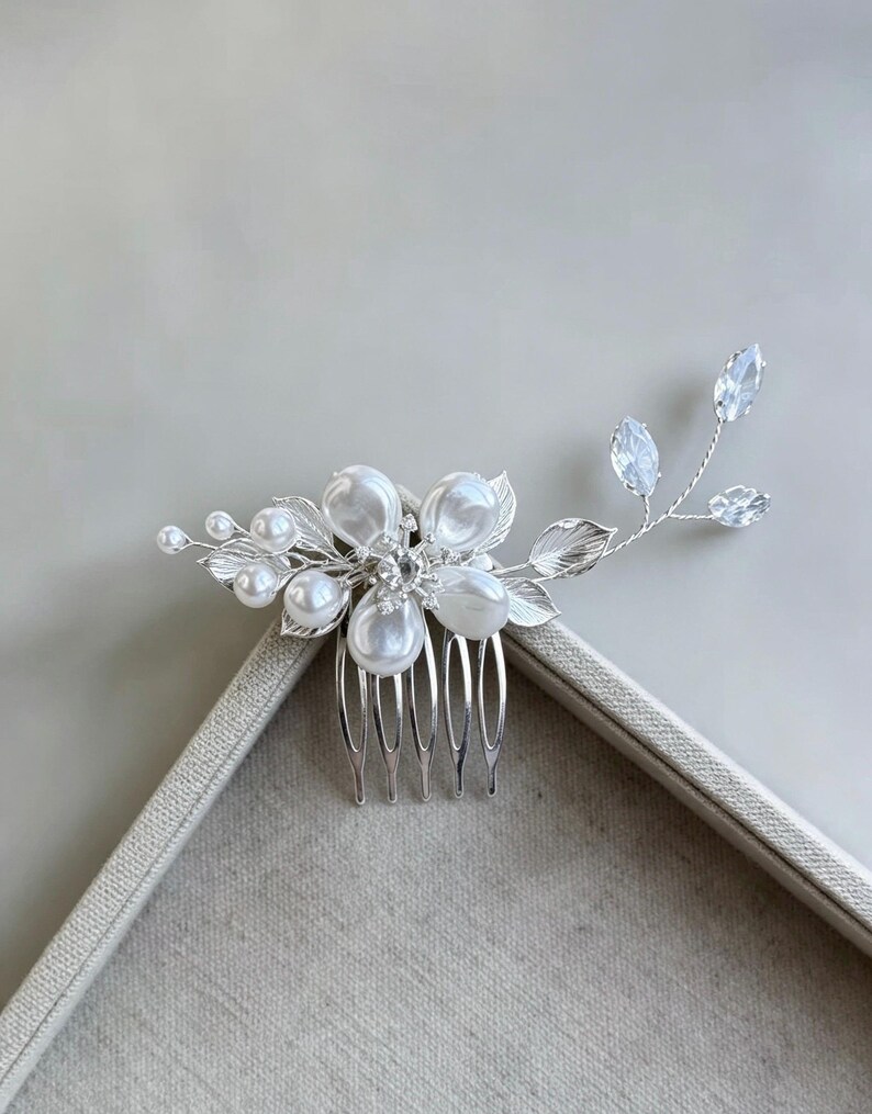 Silver Floral Leaf Hair Comb, Crystal & Shell Pearl Bridal Hair Piece ...