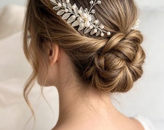 Silver Leaf Pearl Bridal Hair Comb, Bridesmaid Wedding Hair Accessory