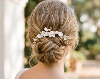 Peineta nupcial de cerámica blanca con forma de flor, tocado de perlas para novia, accesorio para el cabello de novia, regalo para la novia, peineta nupcial, dama de honor