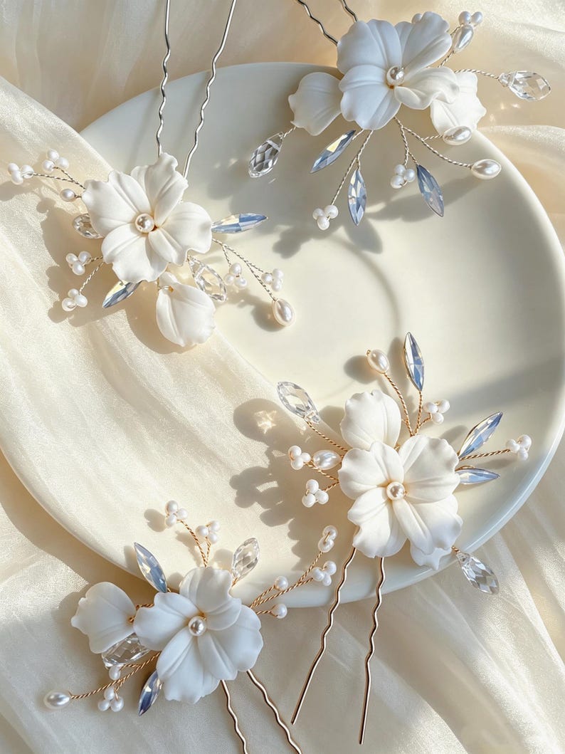 White Ceramic Flower Bridal Hair Pins Set, Silver Gold Wire Crystal White Ceramic Flower Bridal Hair Pins Set, Silver Gold Wire Crystal