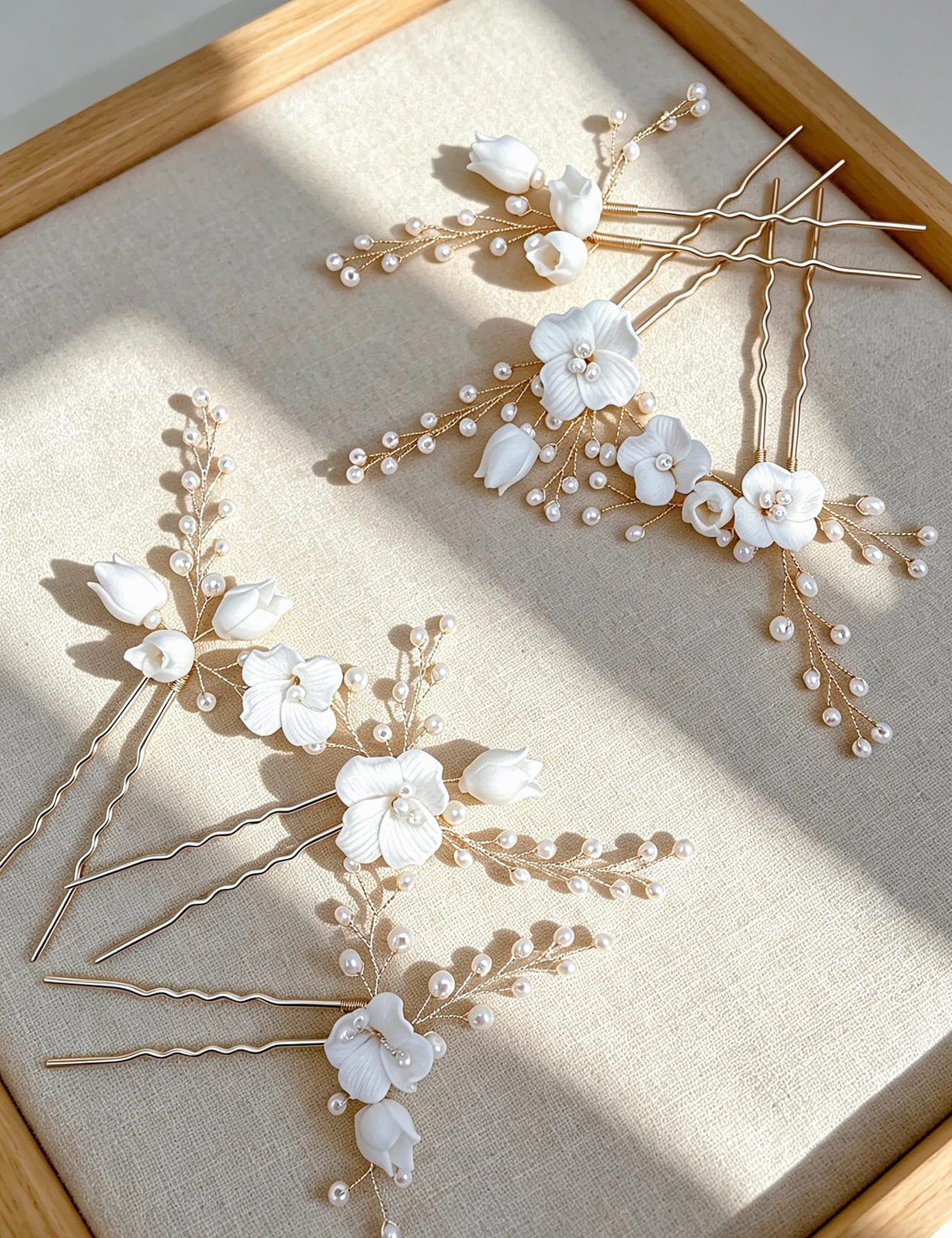 White Ceramic Flower Hair Pins Set, Tiny White Beaded Sprig U‑pins White Ceramic Flower Hair Pins Set, Tiny White Beaded Sprig U‑pins