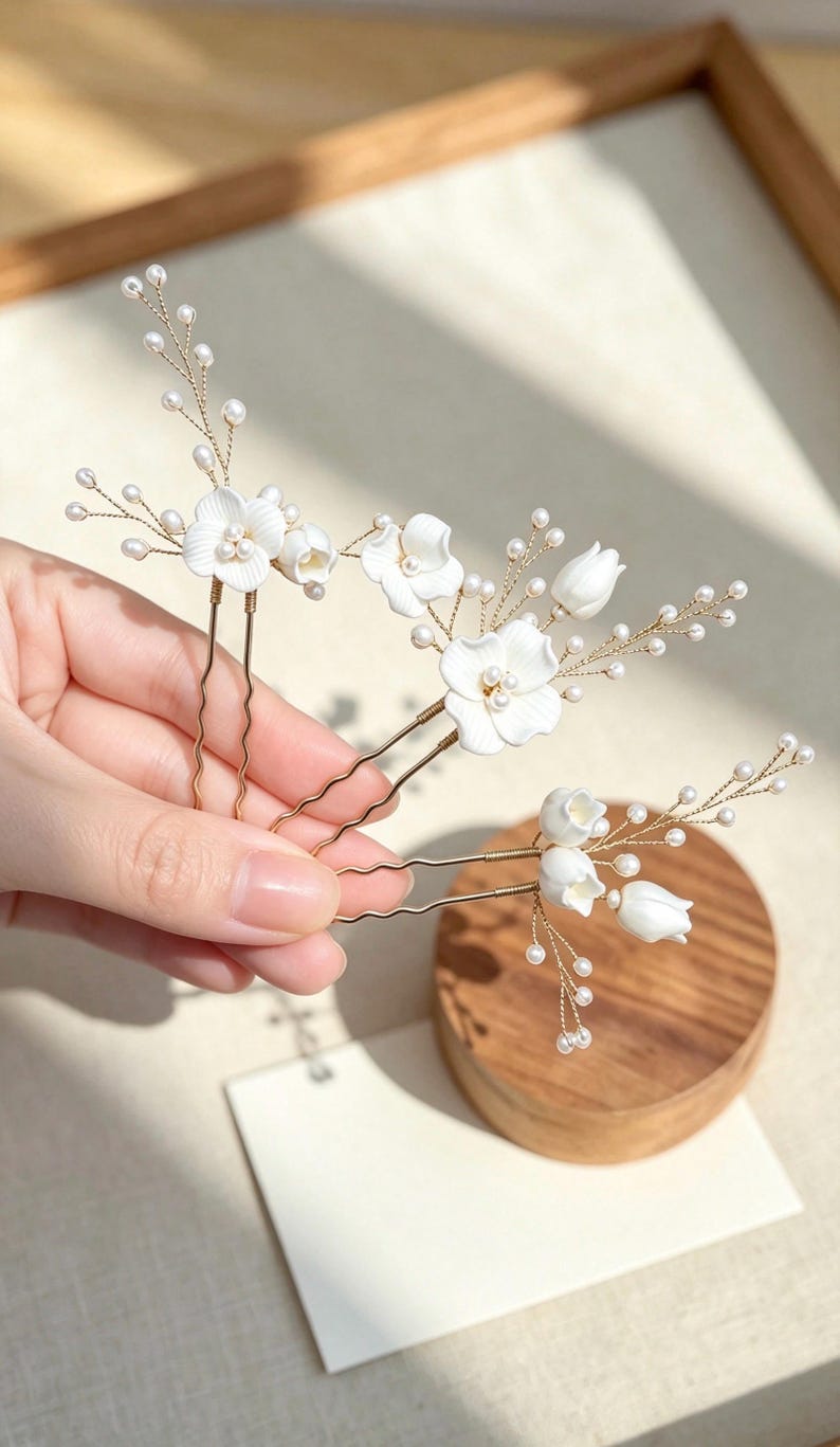 White Ceramic Flower Hair Pins Set, Tiny White Beaded Sprig U‑pins White Ceramic Flower Hair Pins Set, Tiny White Beaded Sprig U‑pins