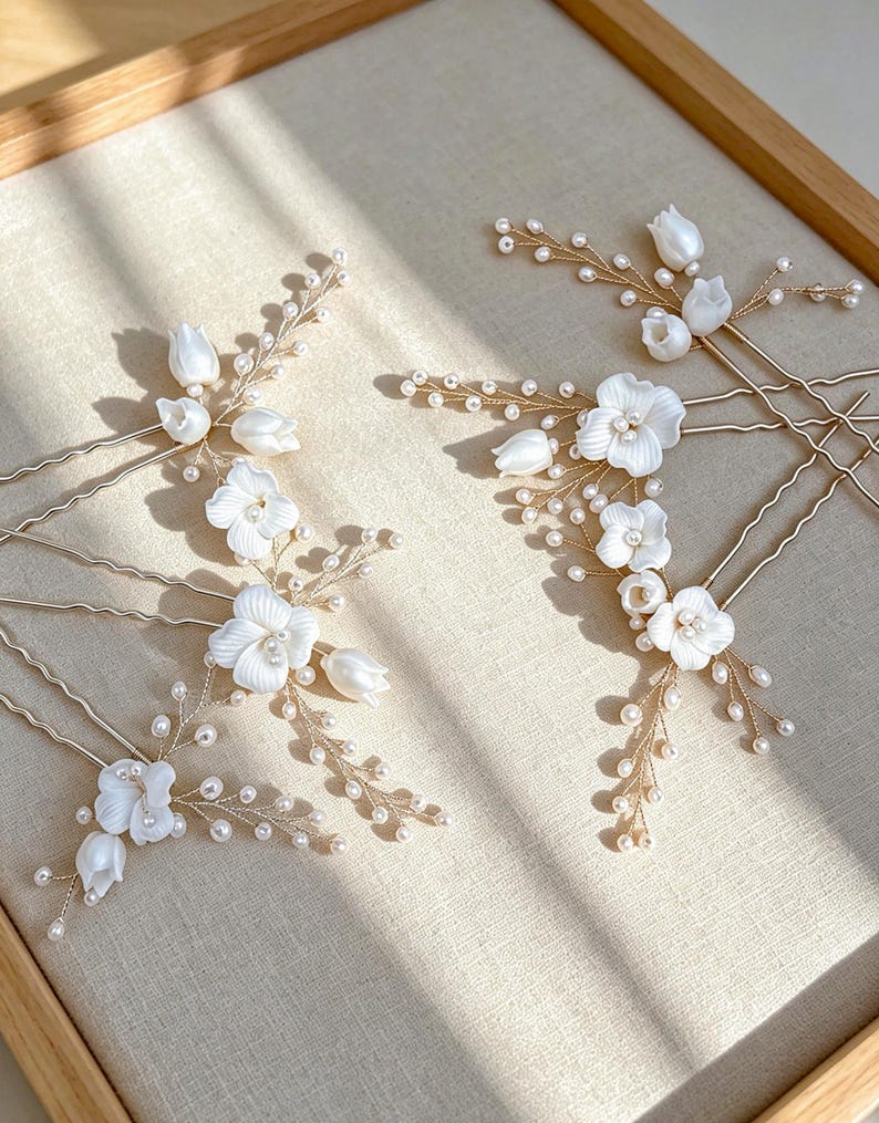 White Ceramic Flower Hair Pins Set, Tiny White Beaded Sprig U‑pins White Ceramic Flower Hair Pins Set, Tiny White Beaded Sprig U‑pins
