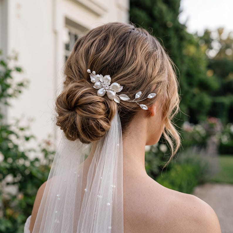 Silver Floral Leaf Hair Comb, Crystal & Shell Pearl Bridal Hair Piece ...