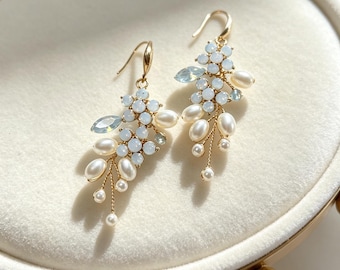 Blue Opal Pearl Branch Bridal Earrings, Silver Crystal Leaf Dangle Wedding Guest