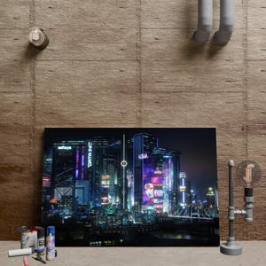 Cyberpunk Poster, Cityscape Wall Art, Futuristic Neon Skyline Poster, Unframed Canvas Print, Sci-Fi Digital Art, Urban Night Decor