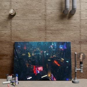 Cyberpunk Poster, Cityscape Wall Art, Futuristic Neon Skyline Poster, Unframed Canvas Print, Sci-Fi Digital Art, Urban Night Decor