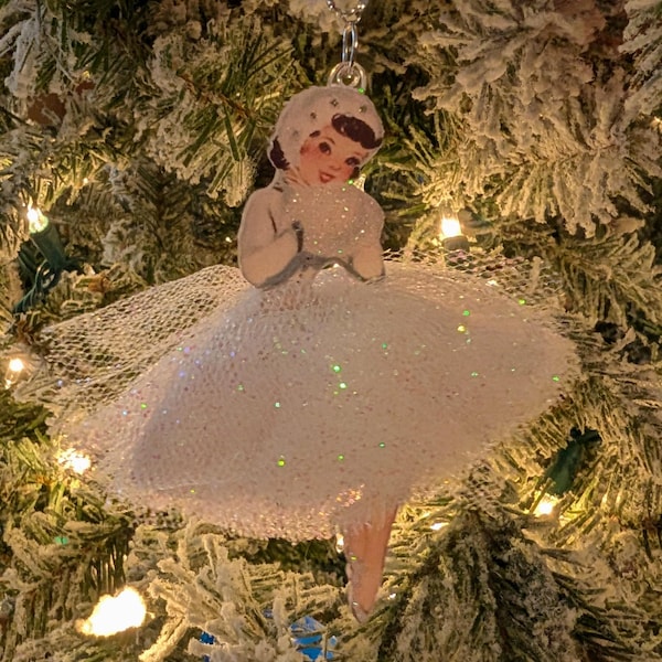 Vintage Inspired Lady In Glittering White Dress Christmas Ornament - Suzy