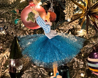 Retro Christmas Ornament - Lovely Lady In Blue Decorating For The Holidays - Vintage Inspired Nostalgia