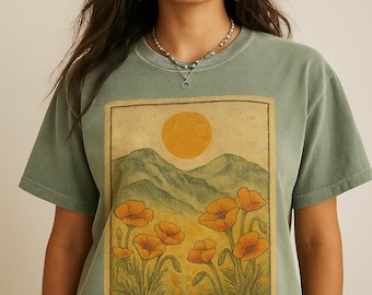 Vintage Distressed Sun & California Poppies Mountain Landscape T-Shirt | Boho Western Comfort Colors Graphic On Front Tee