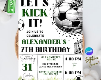 編集可能なサッカー誕生日招待状テンプレート、フットボール招待状、キッズサッカー招待状、Canvaですぐにダウンロード。さあ、サッカーを楽しもう！
