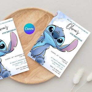 May include: Two birthday invitations featuring a blue cartoon character with large ears, designed for a 4th birthday celebration. The invitations have text that reads "Olivia's 4th Birthday" and include event details. The Canva logo is visible.