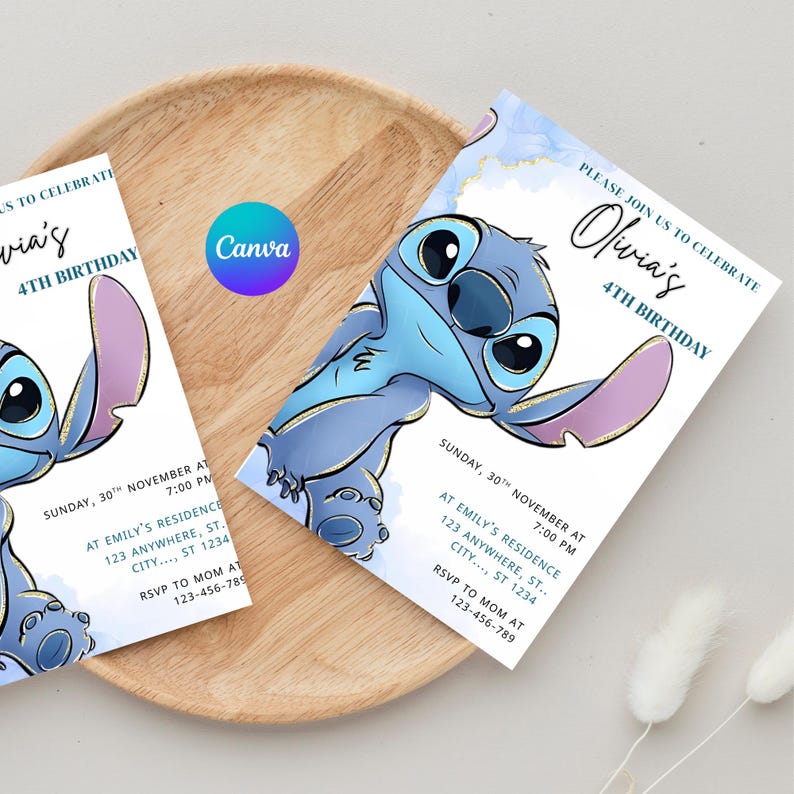 May include: Two birthday invitations featuring a blue cartoon character with large ears, designed for a 4th birthday celebration. The invitations have text that reads "Olivia's 4th Birthday" and include event details. The Canva logo is visible.