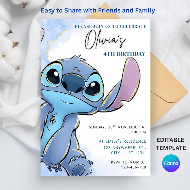 May include: A blue birthday invitation with a cartoon character. The invitation includes the text "Olivia's 4th Birthday" and event details. The words "Easy to Share with Friends and Family" are at the top. The invitation is an editable template.