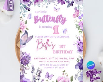 Editable Butterfly Birthday Invitation, Girls Party Invite, Any Age, Purple Butterfly, Pink, Digital Invite, Downloadable, Canva Template