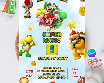 Super Mario Birthday Invitation | Editable Canva Template | Printable Digital Download | Mario Party Invite for Kids Boys Girls | Colorful
