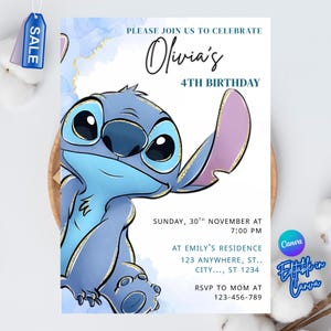 May include: A birthday invitation with a cartoon character in blue and white. The invitation states "Olivia's 4th Birthday" with event details. The design includes gold accents and the text "Please join us to celebrate".