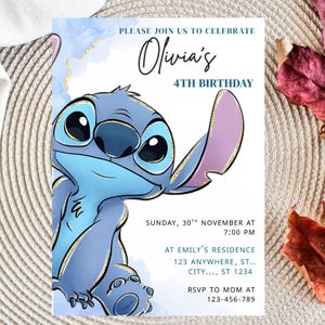 May include: A birthday invitation with a blue cartoon character illustration. The invitation announces "Olivia's 4th Birthday" and includes event details. The design incorporates blue and gold accents, with the date and time specified.