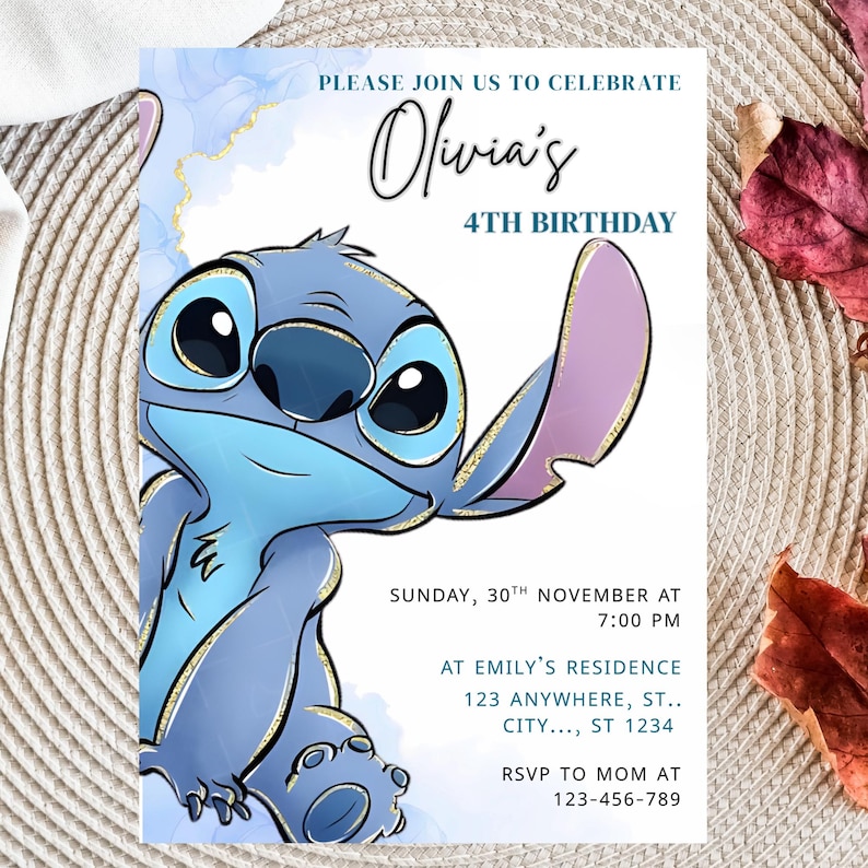 May include: A birthday invitation with a blue cartoon character illustration. The invitation announces "Olivia's 4th Birthday" and includes event details. The design incorporates blue and gold accents, with the date and time specified.