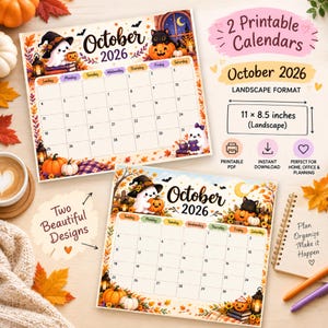 May include: Two printable October 2026 landscape calendars measuring 11 by 8.5 inches. Each calendar features a grid layout with illustrations of ghosts, black cats, pumpkins, and autumn leaves. The text reads October 2026.