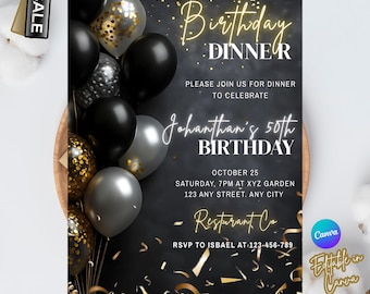 Digital Birthday Dinner Invitation Template, Black Tie Glam Invite, Animated Black Golden Diamond Evite For Men & Women, Self Editable eCard